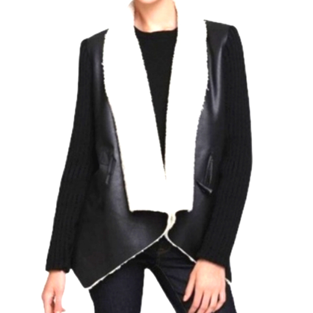 Sam Edelman Black Joya Faux Leather Sherpa Lined Toggle Open Jacket Size M - Picture 1 of 10